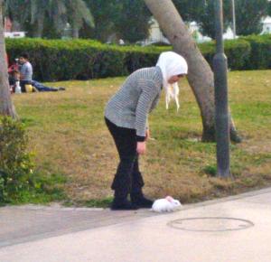 Andere Laender, andere Sitten! Wir gehen mit Hund Gassi, diese junge Dame mit dem Kaninchen